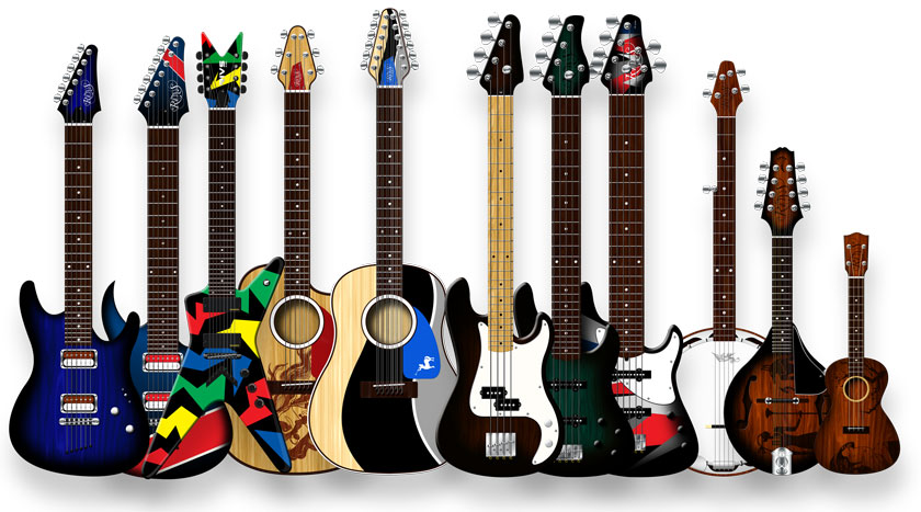 Includes 5 guitars (electric and acoustic), 3 basses, banjo, mandolin, and ukulele.